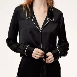 Wilfred Black Satin Panama set with White Trim tie blouse and Clarissa pant